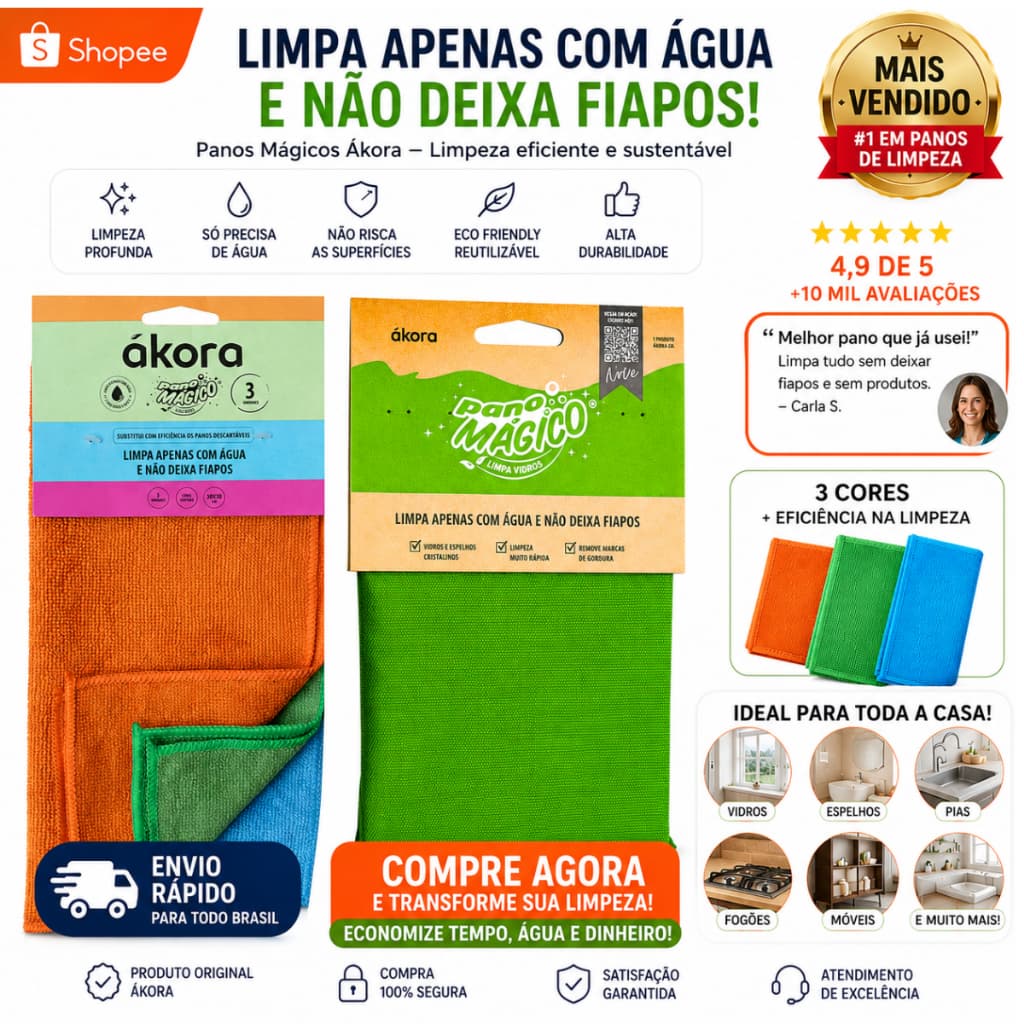 Pano Limpa Vidros 40x40cm Com + Kit 3 Pano Uso Geral 30x30cm