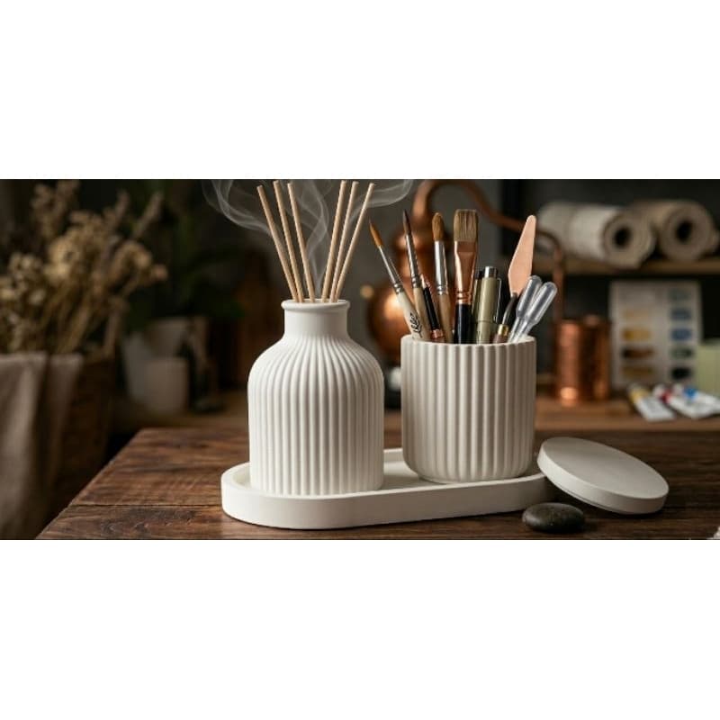 kit Conjunto de Mesa Escritório,Sala ,Quarto: Vaso de Flores e Porta-Objetos