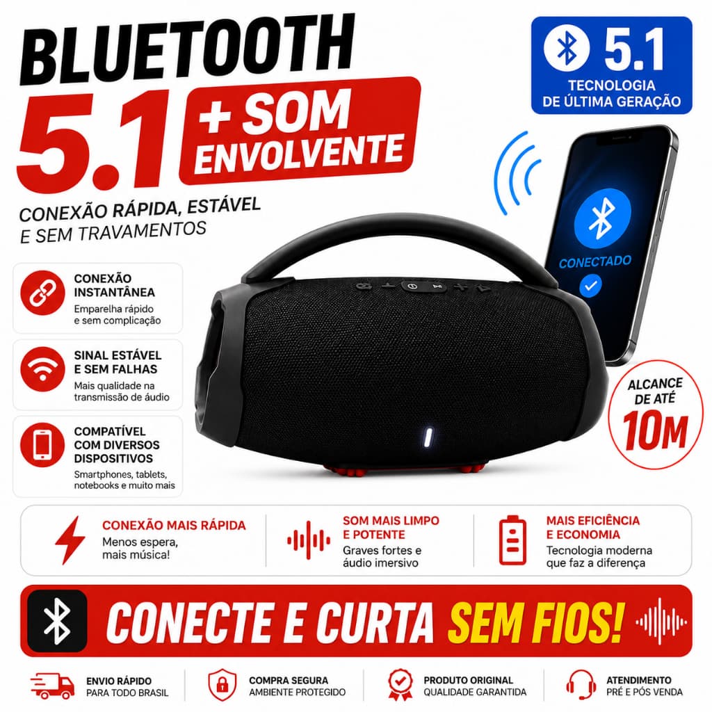 Caixa De Som Bluetooth Boombox 3 Portátil Potente USB SD FM Bluetooth 5.1 Bivolt