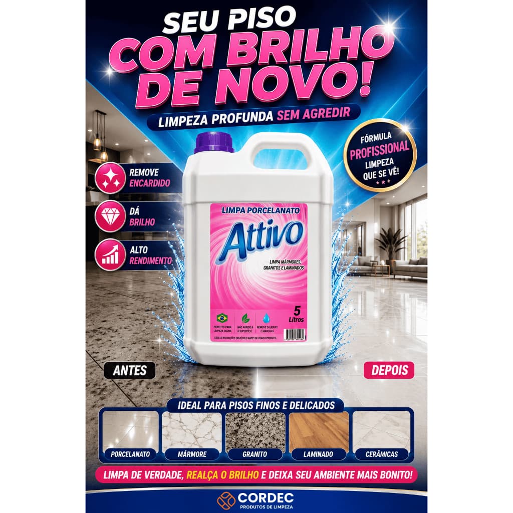Limpa Porcelanato Attivo 5L Limpeza Profunda Porcelanato, Mármore, Granito, Laminado Remove Encardido Sem Manchar