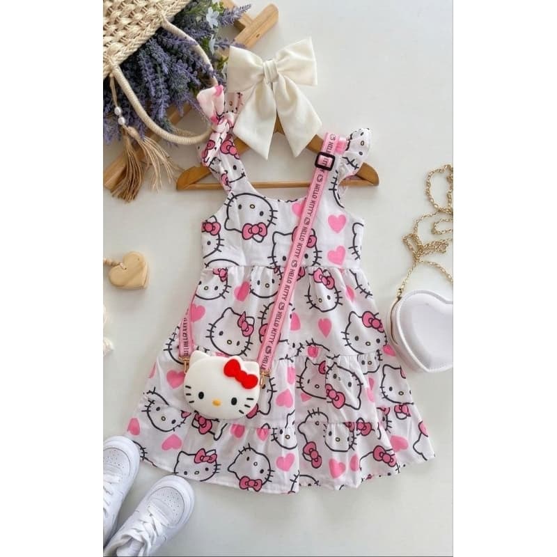 Vestido Infantil Menina Hello Kitty Corações colorido  casual festas  princesa rodado Hello Kitty Hearts - Envio Rápido
