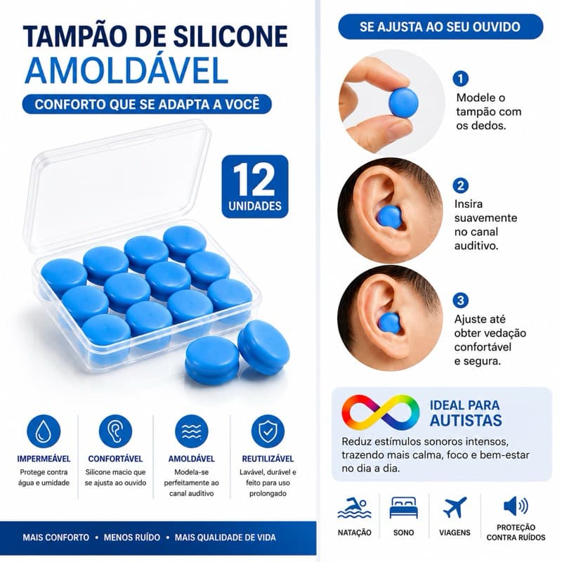 12 Unidades Tampao De Ouvido Protetor Abafador Auditivo Auricular Dormir