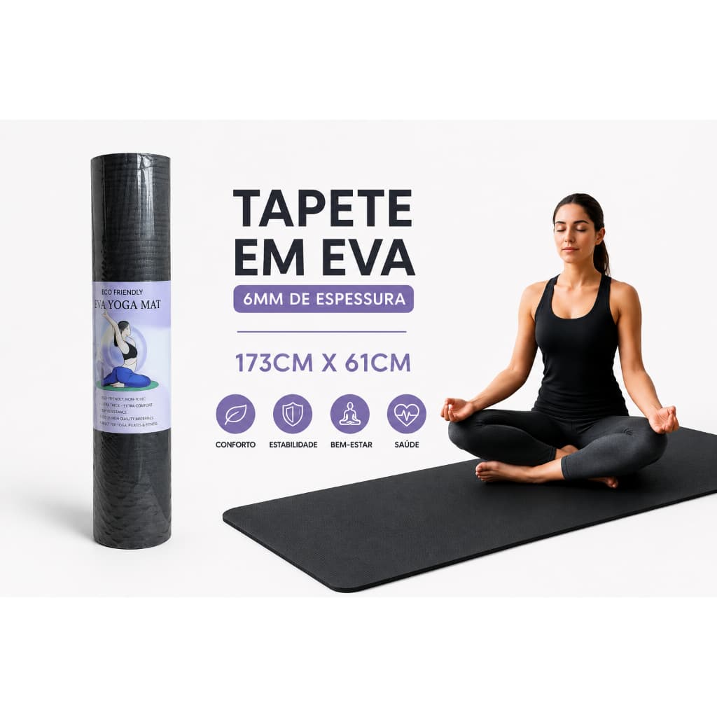 Tapete Yoga e Exercicio Mat Abdominal Prancha Corda 1,73mx61cmx6mm Exercício Treino em Casa Colchonete Tatame EVA