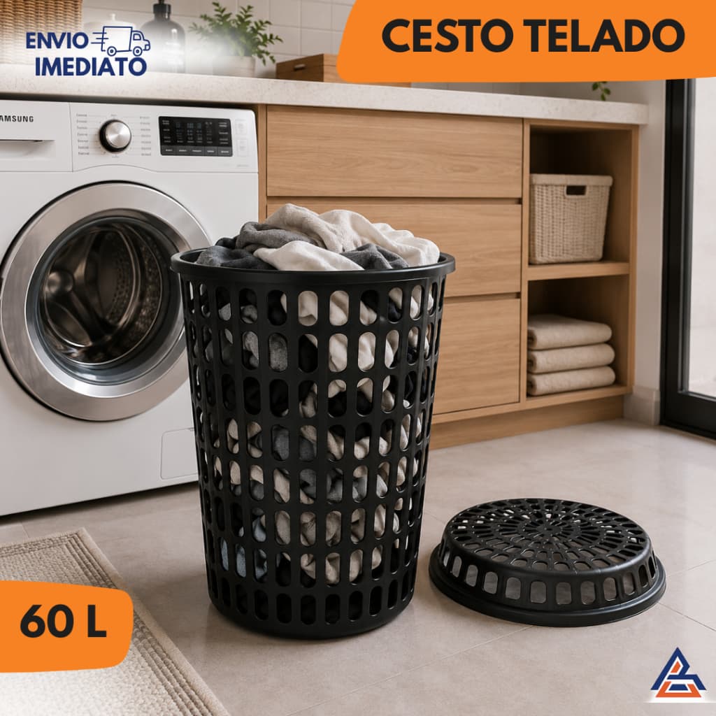 Cesto Telado Organizador 60 Litros com Tampa – Multiuso para Roupas, Banheiro e Lavanderia