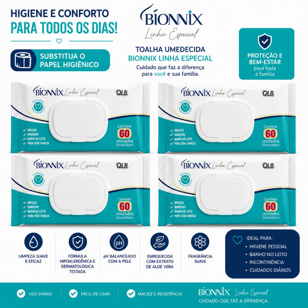 Kit 4 Toalhas Umedecidas Adulto Bionnix c/60 Premium