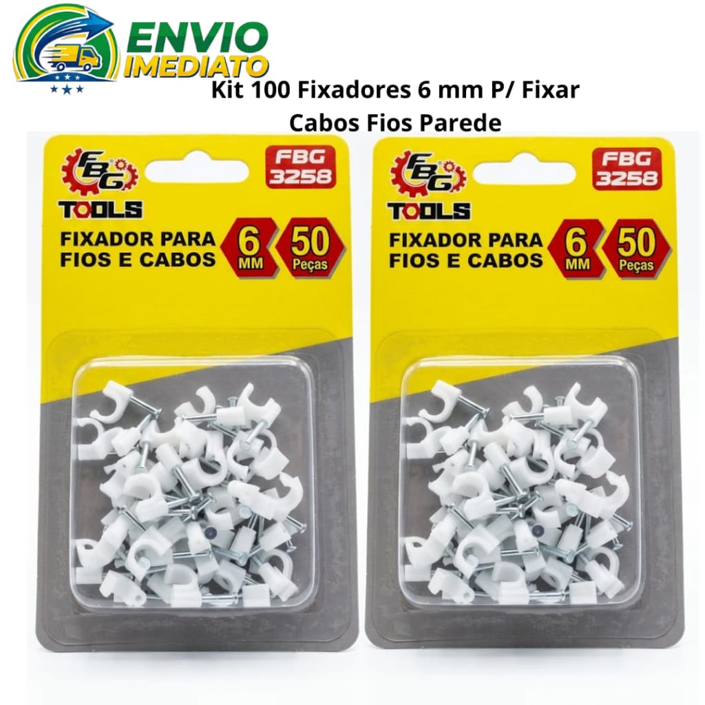 Kit 100 Fixadores 6 mm P/ Fixar Cabos Fios Parede Grampo Branco Fixador Prego