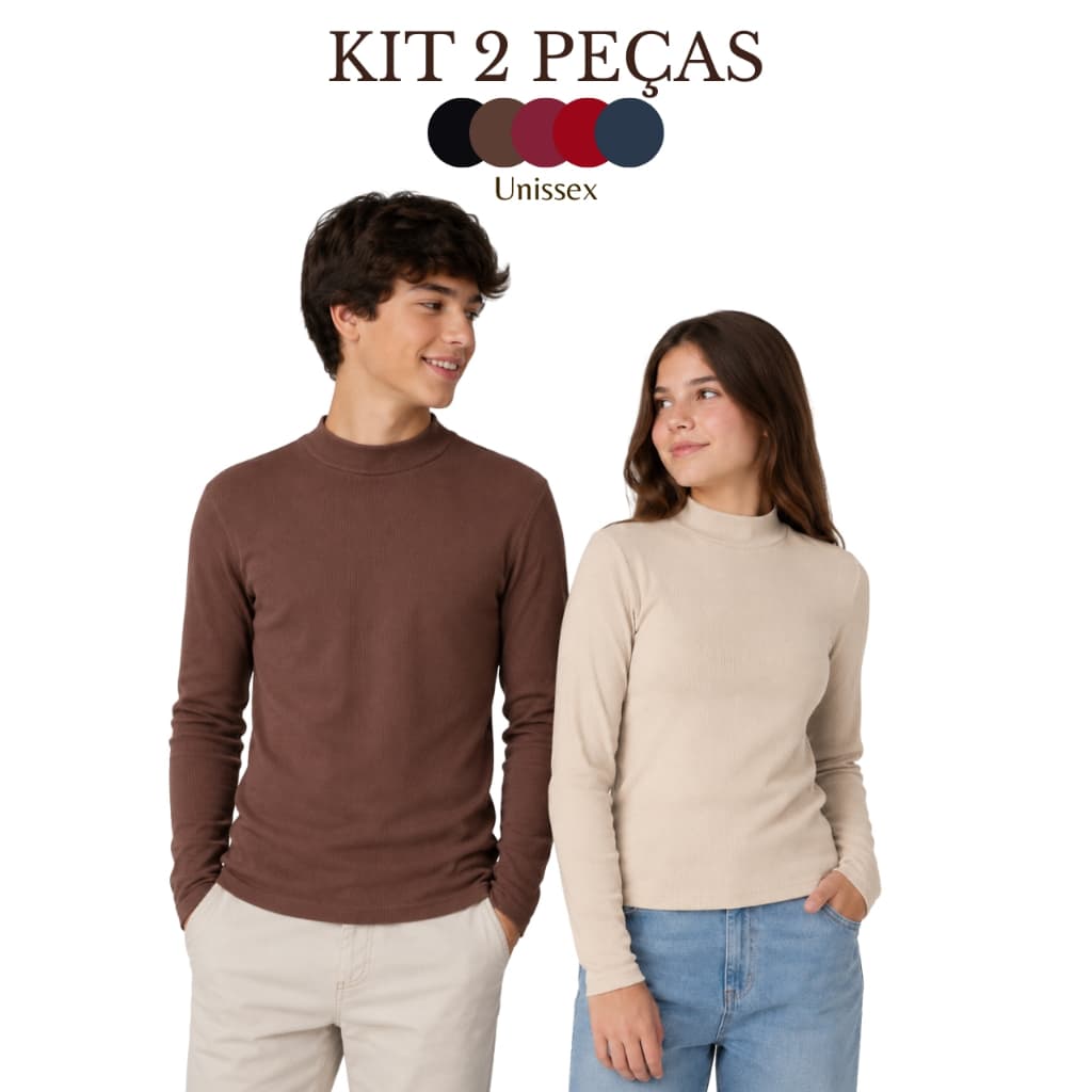 Kit 2 Peças Unissex Blusa Manga Longa Gola Alta Juvenil Inverno Ribana Canelada Malha Confortável