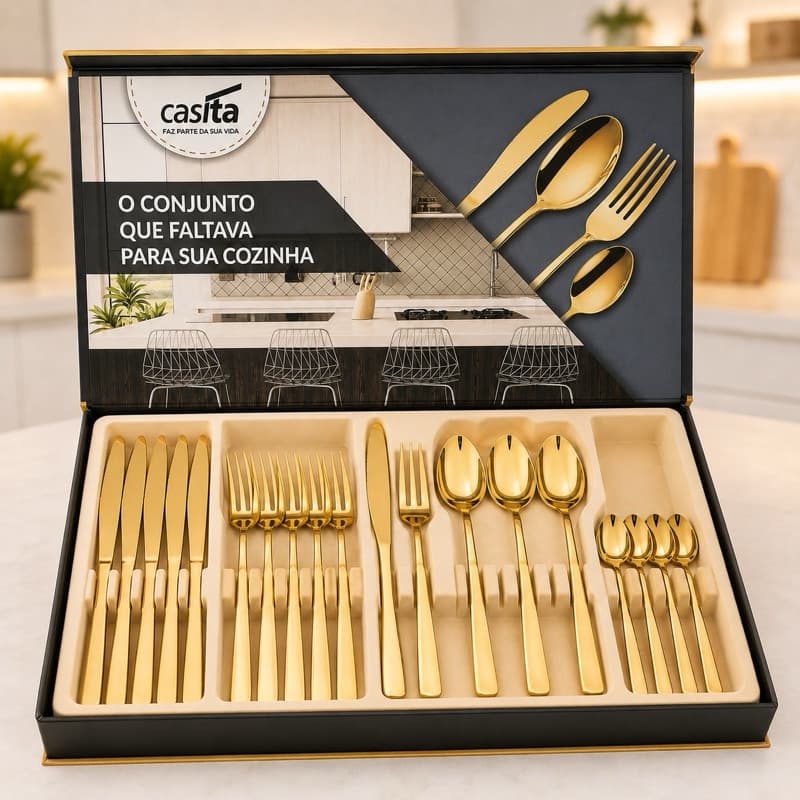Jogo De Talheres Dourado 24 Peças Aço Inox Com Estojo Conjunto Faqueiro Mesa Posta