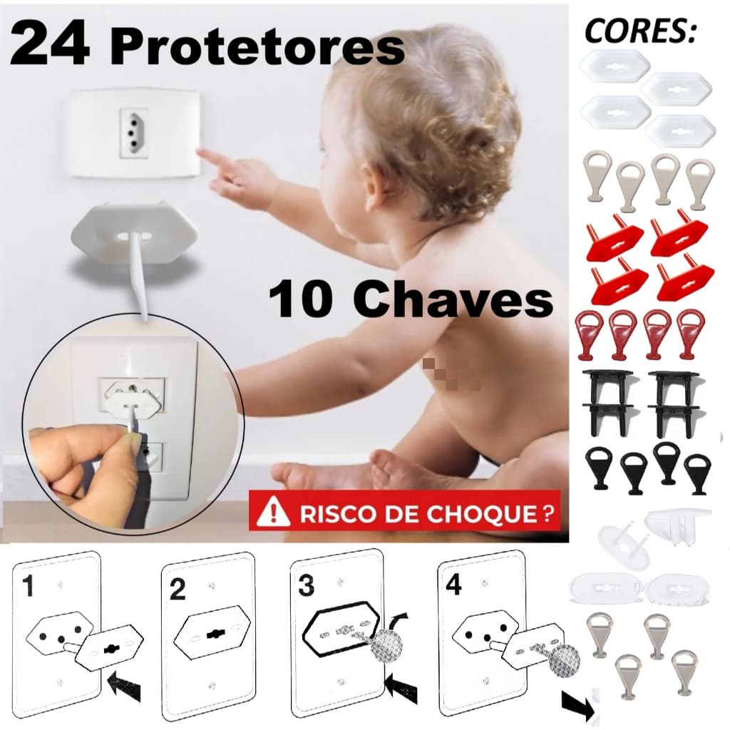 24 Protetores Tomada 10 Chavinhas Antichoque Segurança Bebê - 4 Opções de Cores