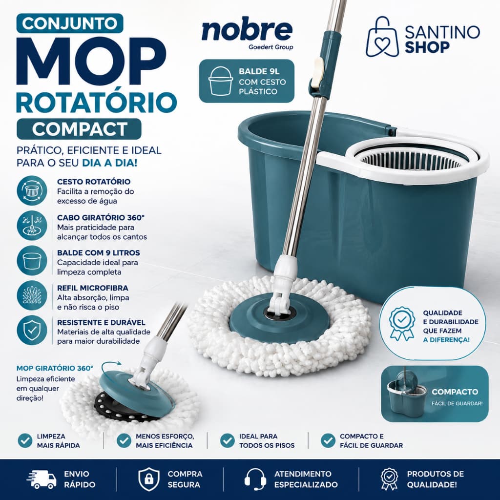 CONJUNTO MOP ROTATÓRIO COMPACT (BALDE 9l C/ CESTO PLÁSTICO) AZUL PETROLEO - NOBRE