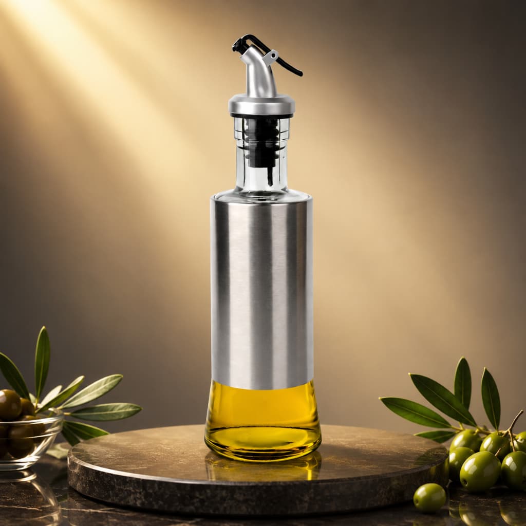 Galheteiro Dosador Azeite Vinagre 300Ml Vidro Transparente Base Aco Inox Tampa Dosadora