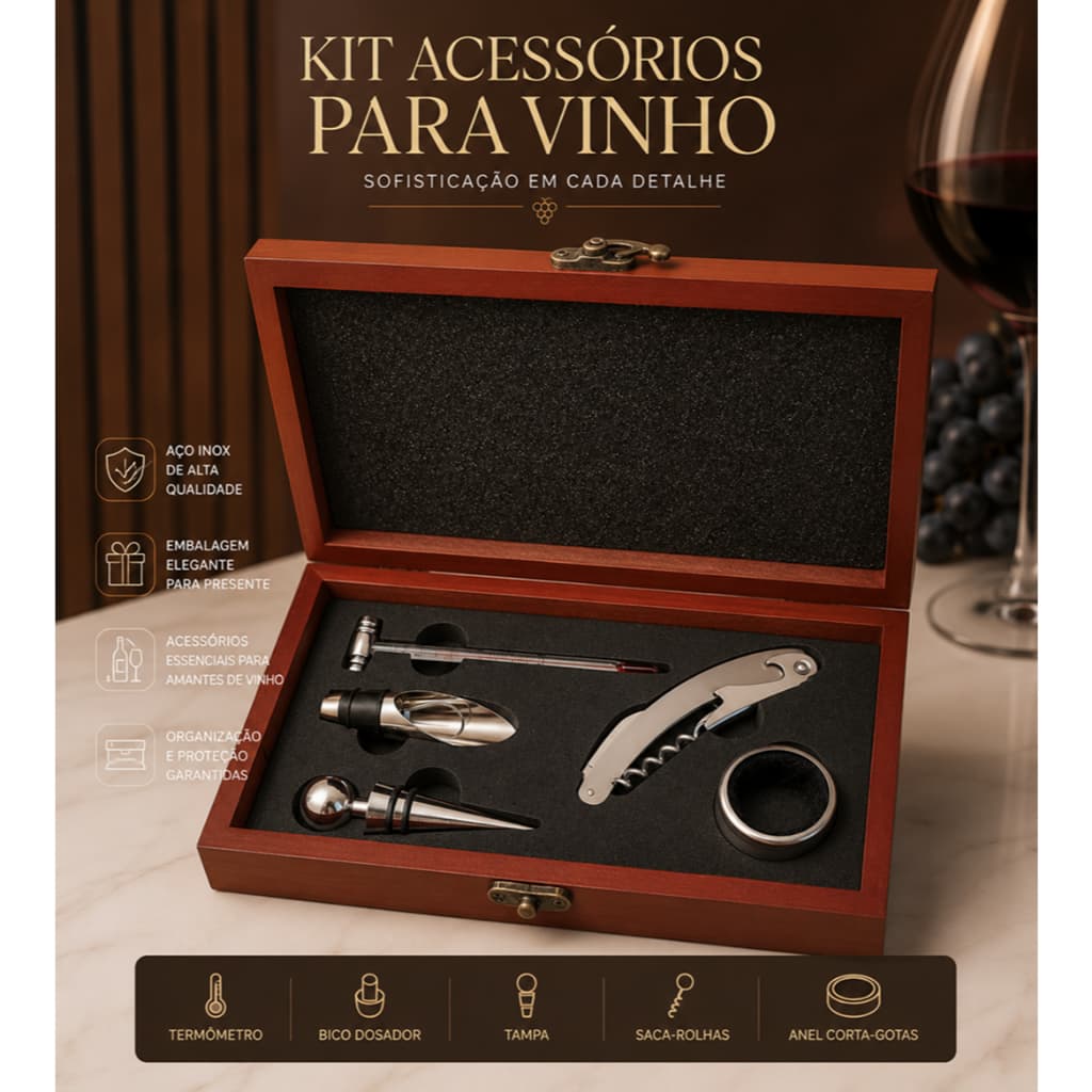 Kit Vinho Acessórios Luxo, Abridor, Saca Rolha ,Dosador ,Maleta em Madeira