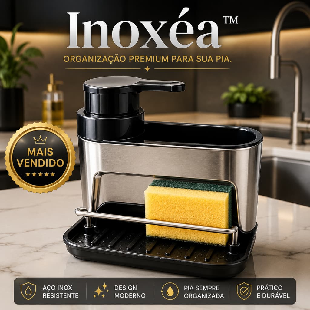 Organizador de Pia Inoxéa™ Dispenser Detergente Suporte Esponja Aço Inox Compacto Premium