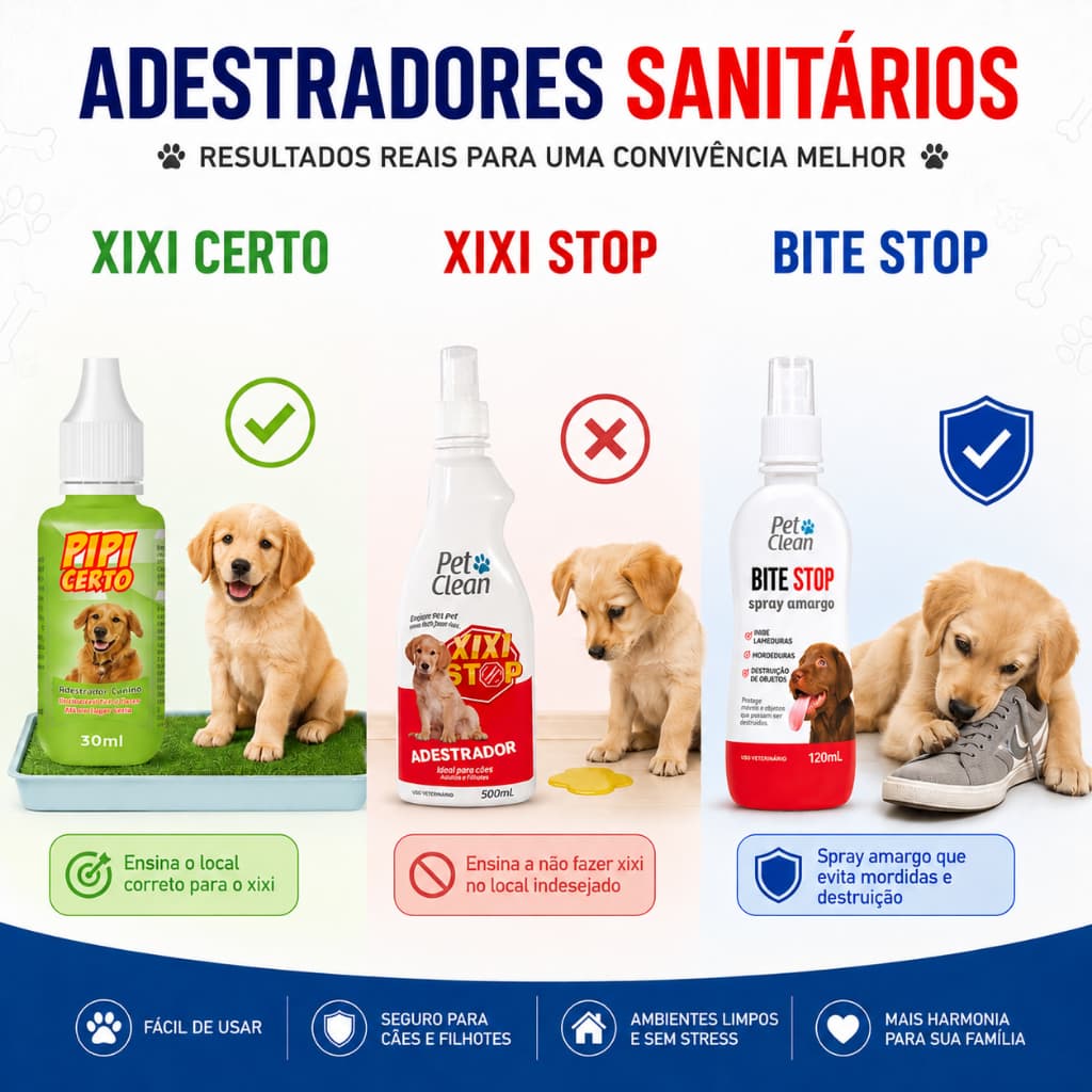 KIT ADESTRADOR CANINO 3 EM 1 – Xixi Stop + Xixi Sim + Bite Stop | Educação Completa Sem Estresse