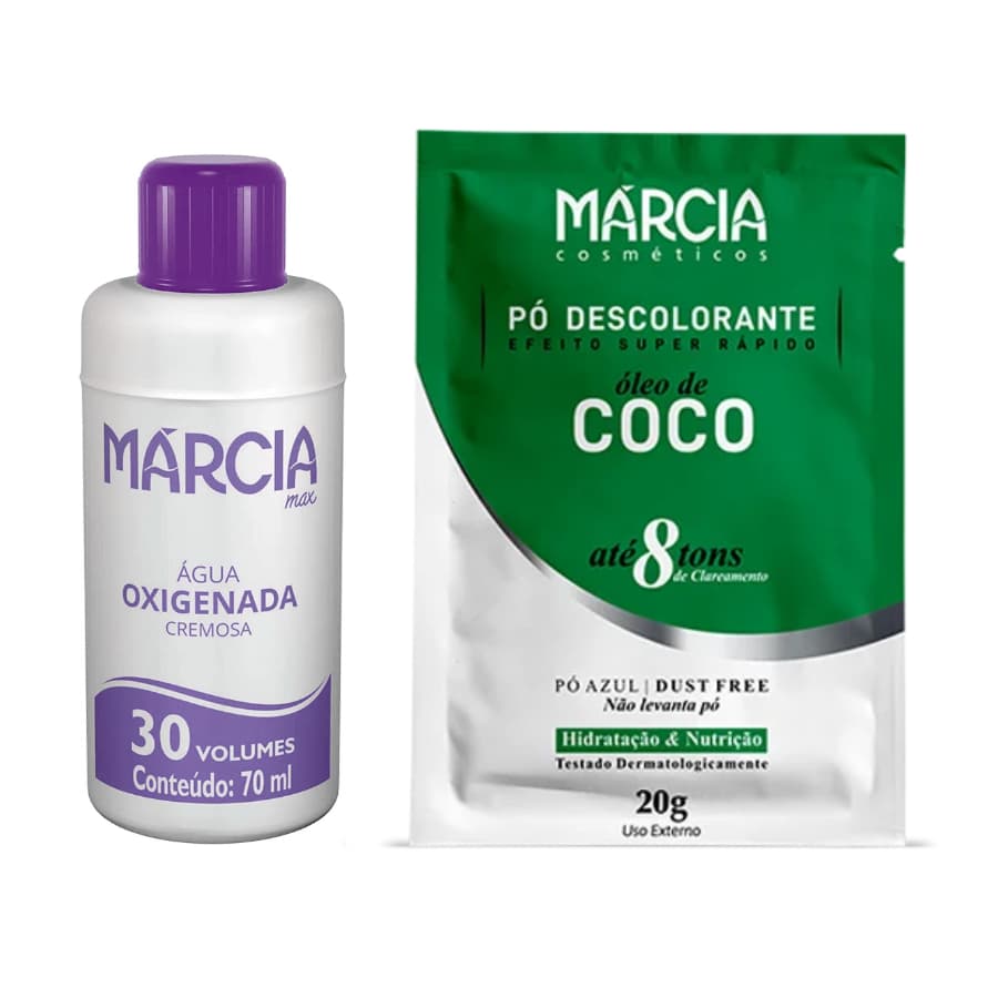 Kit Descolorante Márcia 30 Vol 70ml + Pó Óleo De Coco 20g Clareia 8 Tons Profissional Hidratação e Nutrição