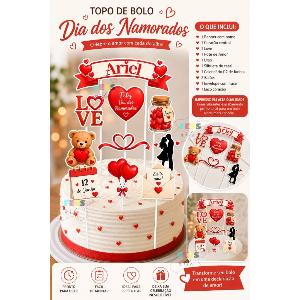 topo de bolo dia dos namorados personalizado nome 10 peças decoração tag