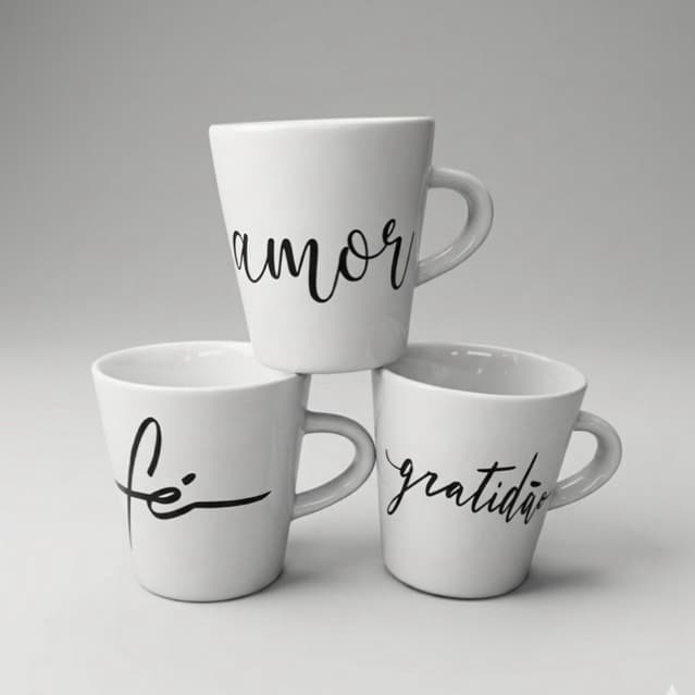 Kit Caneca Fé Amor 120ml Porcelana Xicara Chá Café Presente Motivacional Religioso Cristão