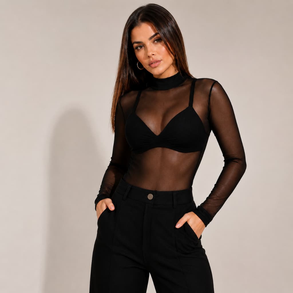 Body Tule Feminino Manga Longa Gola Alta Segunda Pele Festa