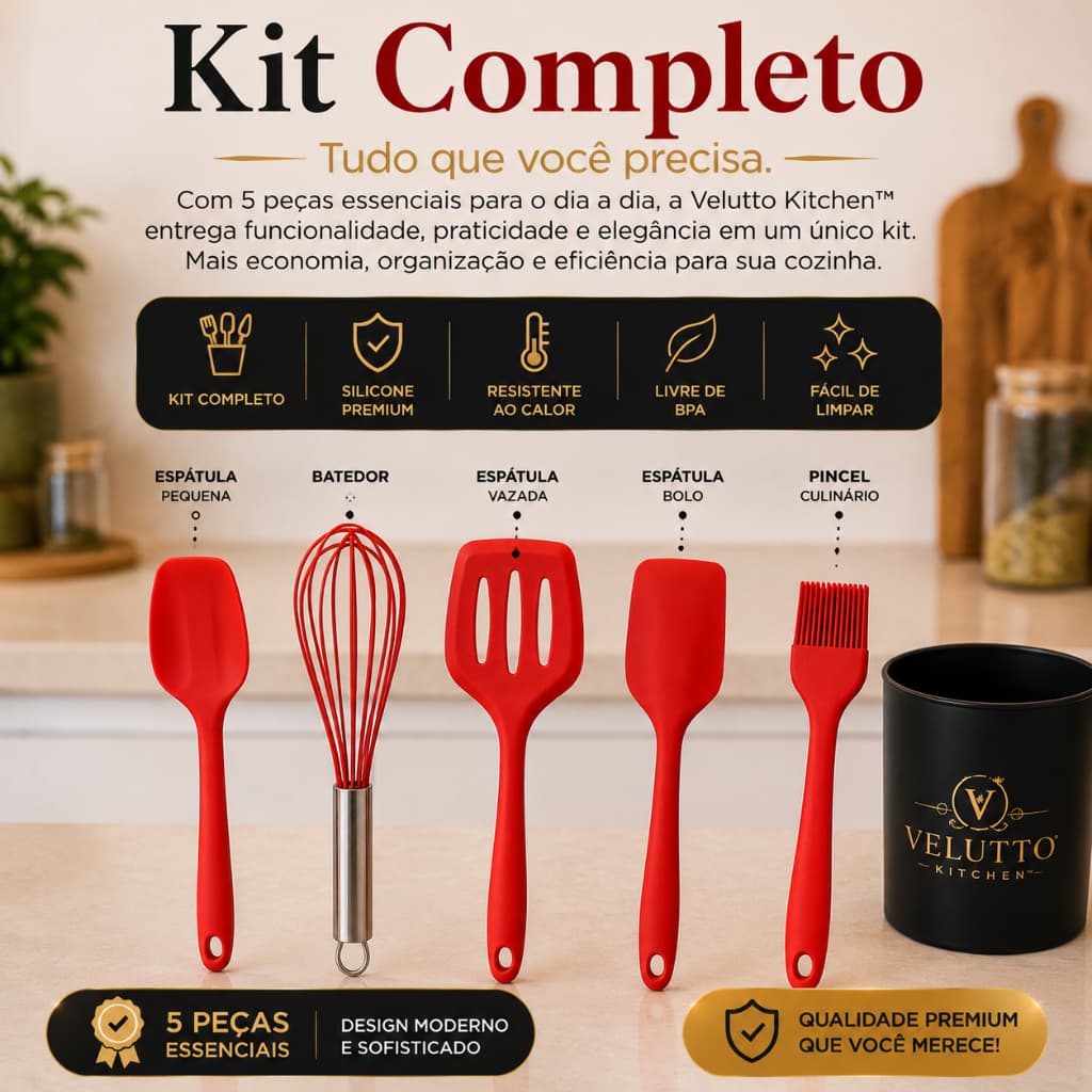 Kit Utensílios Silicone Cozinha 5 Peças Resistente ao Calor Antiaderente Espátula Silicone Premium