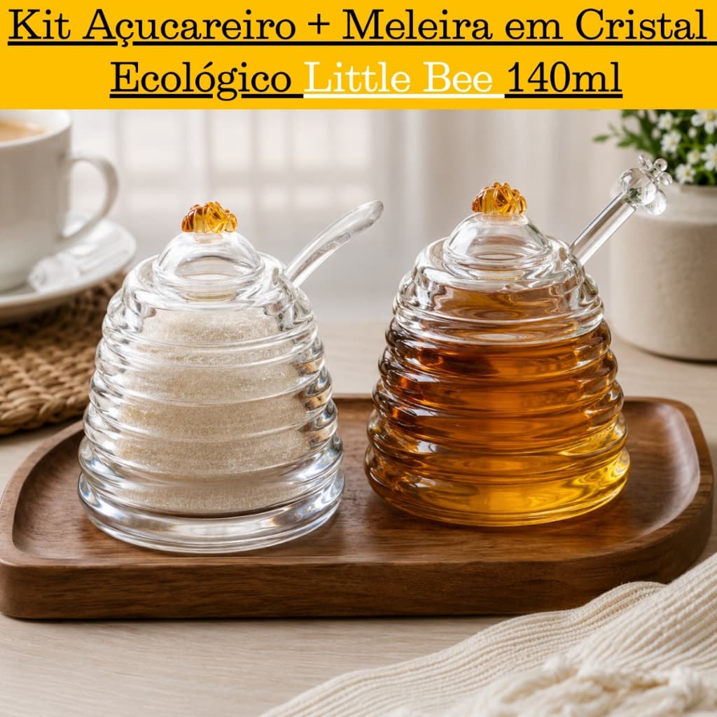 Kit Meleira e Açucareiro Cristal Ecológico 140ml Com Colher e Pegador Little Bee Abelhas Luxo - Lyor
