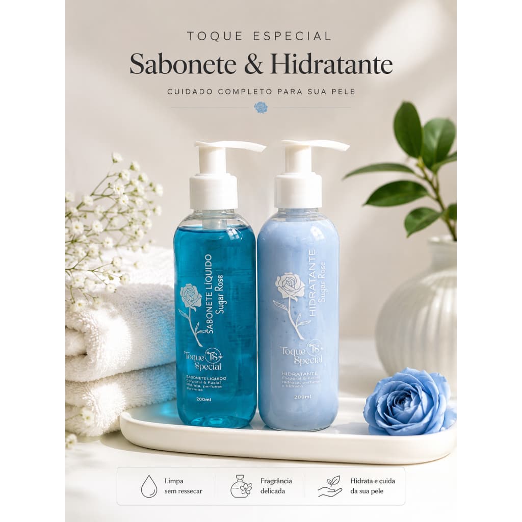 Sabonete Liquido Corpo e rosto + Hidratante Creme 200ml Blue Banho Premium Pele Hidratada