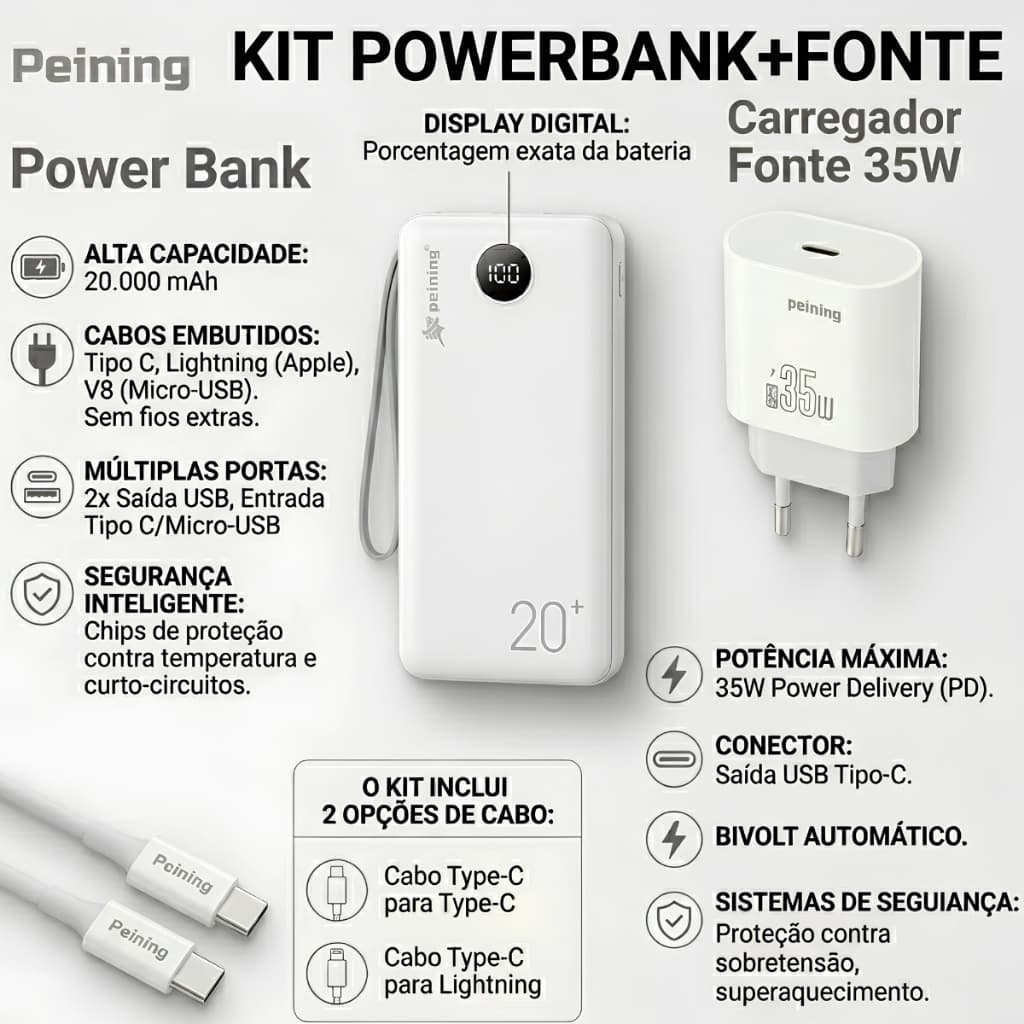 Kit Power Bank 20000mah E Carregador Turbo 35w Cor Branco