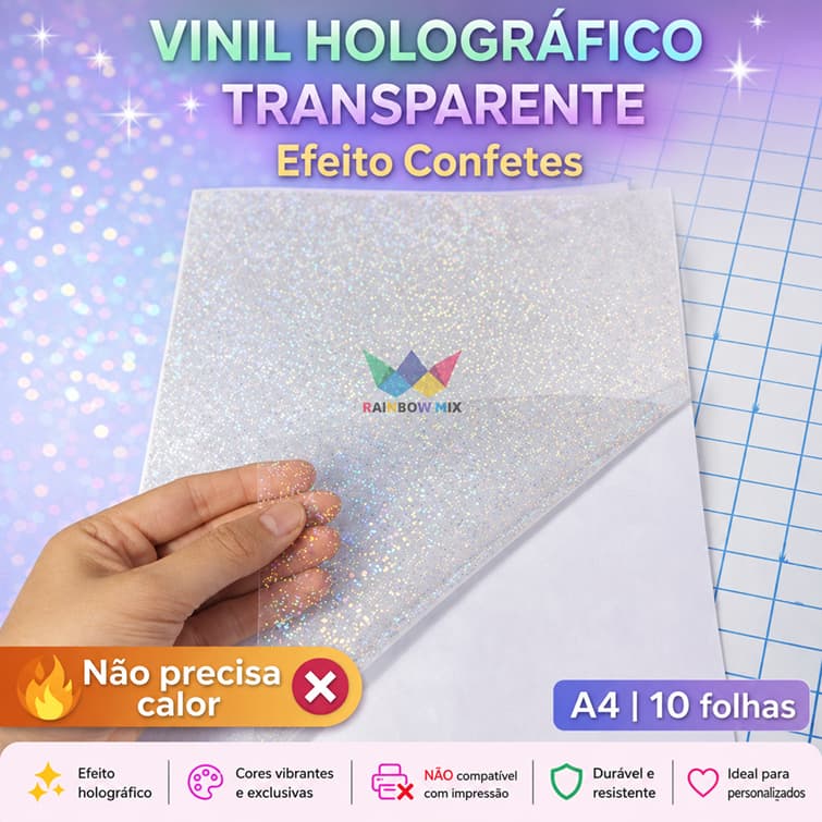 LAMINAÇÃO A FRIO - Vinil Adesivo Holográfico Transparente CONFETES - A4- 90g - 10 folhas