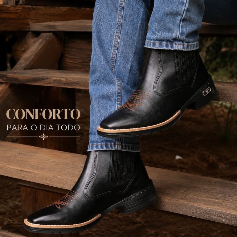 Botina Texana Masculina Bota Chelsea Bordado Country Confortável Em Couro Eco