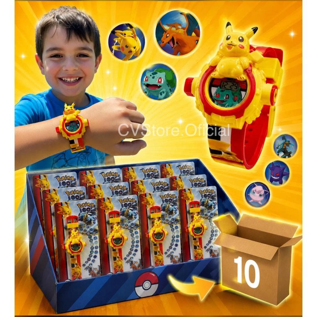 Kit 10 Relógio Infantil Pikachu Com Projetor Digital Luz Brinquedo Pokémon Presente Lembrancinha Aniversário Criança