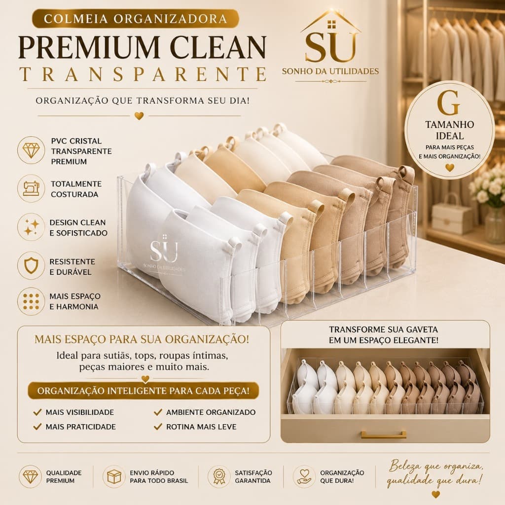 Colmeia Organizadora PVC Transparente Tamanho G 30x10x40 Premium Su Sonho — Sutiãs Camisetas Calças