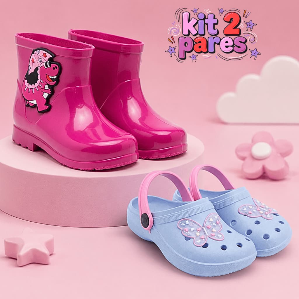 Kit Com 2 Pares Galocha Infantil Feminina + Sandália Babuche Leve