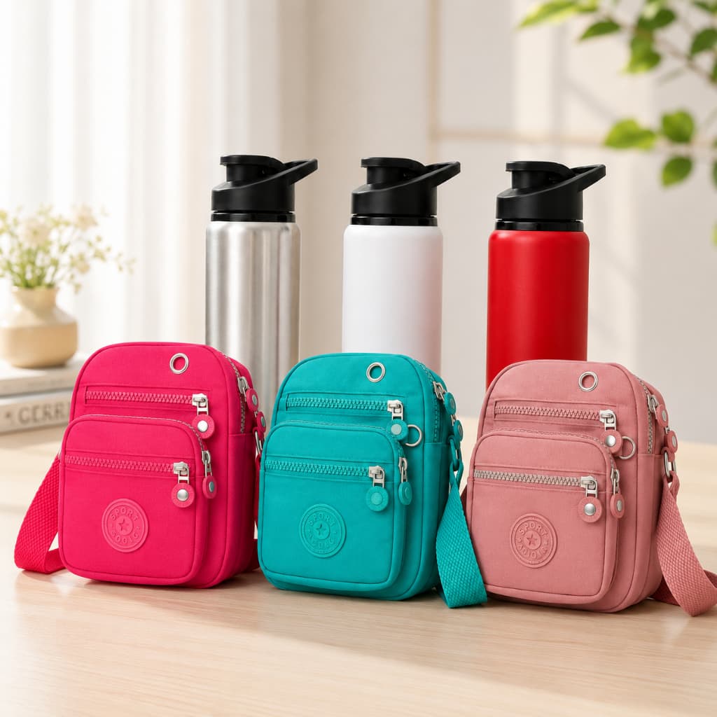 Kit Bolsa Feminina Nylon Tiracolo Transversal Premium Fashion + Garrafa Térmica Aço Inox Escolar 700ml Grande Capacidade
