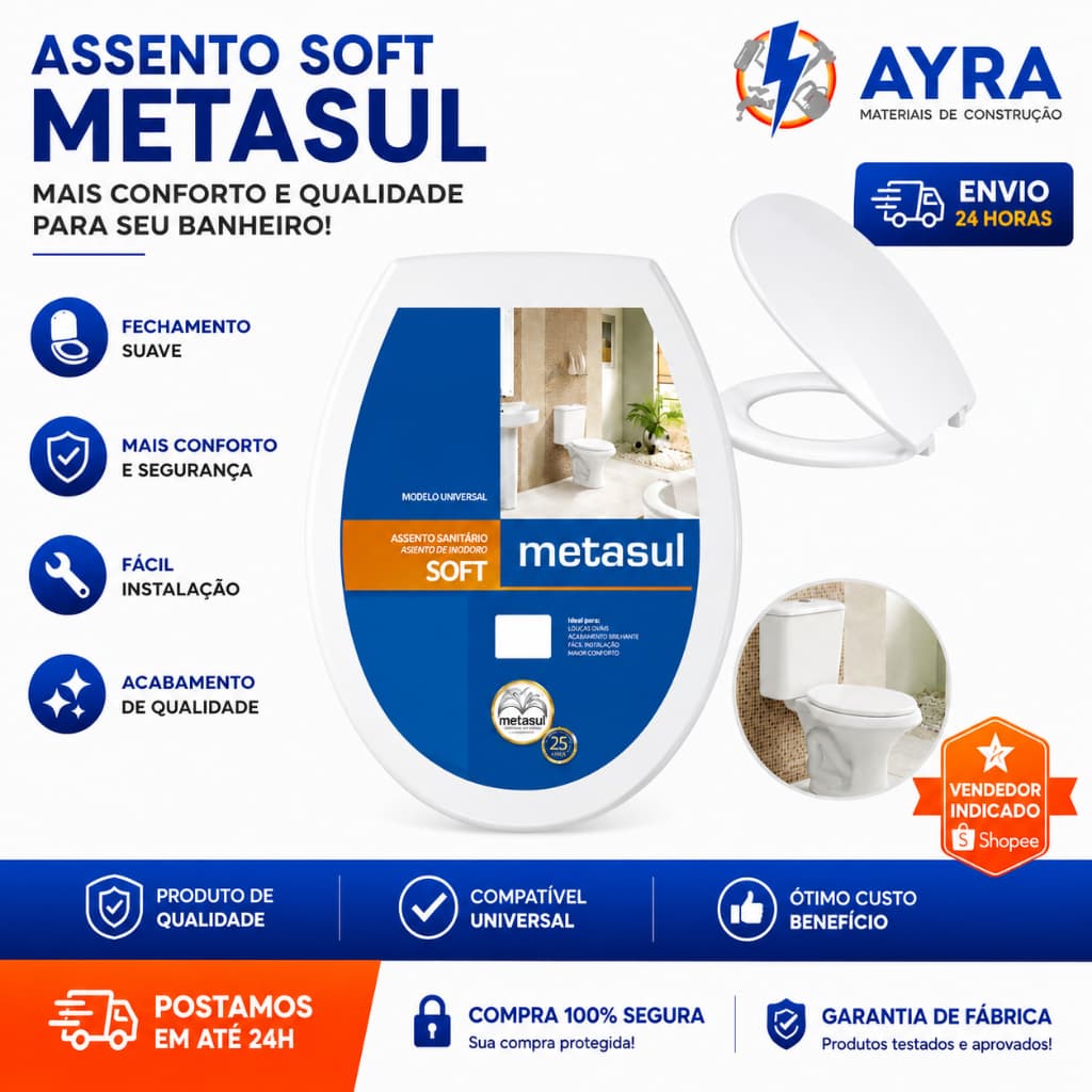 Assento Para Vaso Sanitário Metasul Tampa Universal Oval Macio SOFT - BRANCO - Vasos Deca Celite Icasa Universal