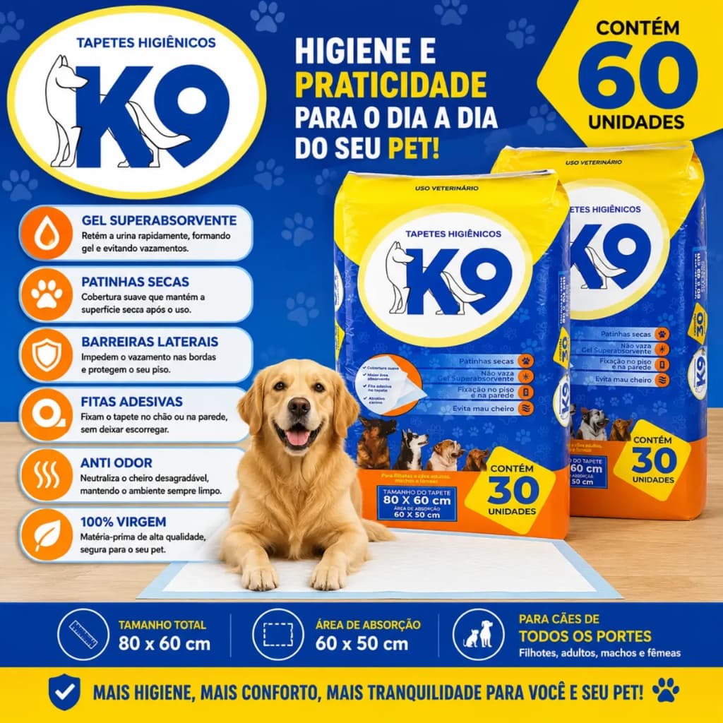 Kit 60 Tapetes Higiênicos Para Cachorro K9 80x60cm Super Absorvente 2 Pacotes De 30 Unidades