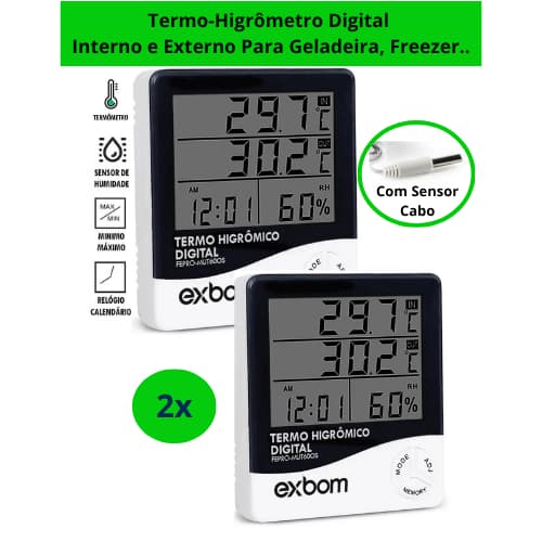 Termo-higrômetro C/ SENSOR Interno/Externo Termômetro Higrômetro Digital Geladeira, Freezer Exbom
