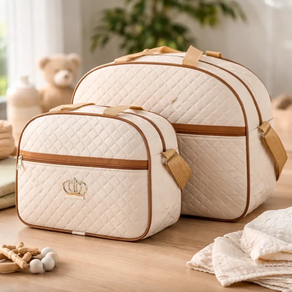 Kit Bolsa Maternidade Bebê 2 Peças Mala Maternidade Grande Pequena Acolchoada Bege