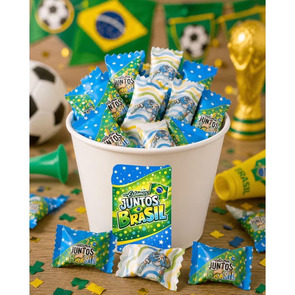 100 Balas Personalizadas Acompanha Baldinho Tema Copa do Mundo Futebol Brasil Lembrancinha Mimo