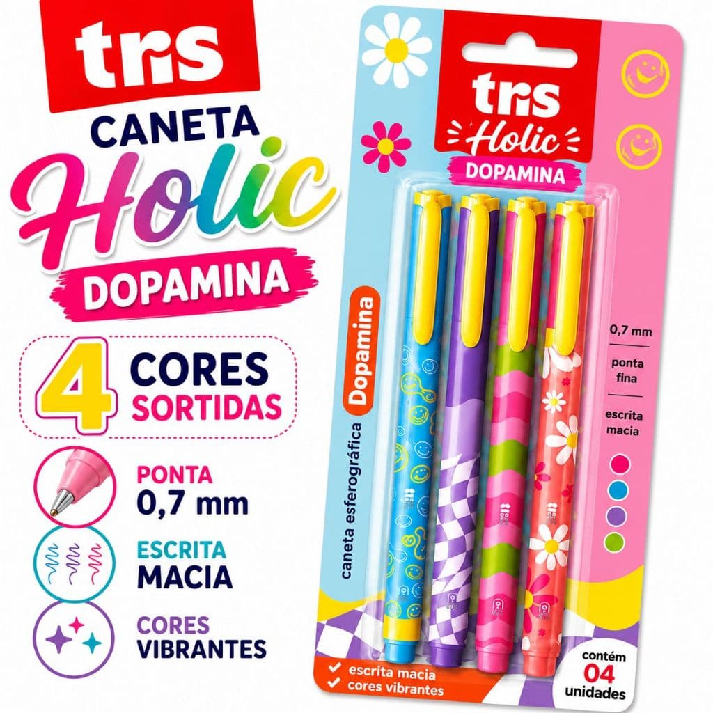 Caneta Tris Holic Dopamina 0.7mm KIt 4 Cores Sortidas Escrita Macia