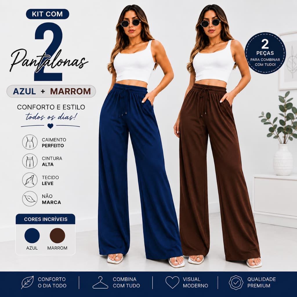 Kit 2 Pantalona Feminina Elegante Tecido Duna Cintura Alta Com Bolso