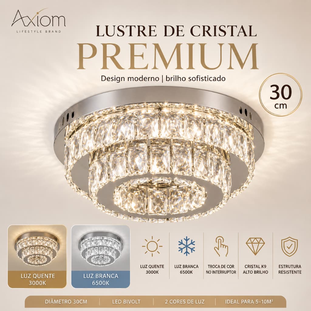 Lustre Plafon De Cristal K9 Axiom Redondo LED 30cm Bivolt 2 Cores Moderno Sala