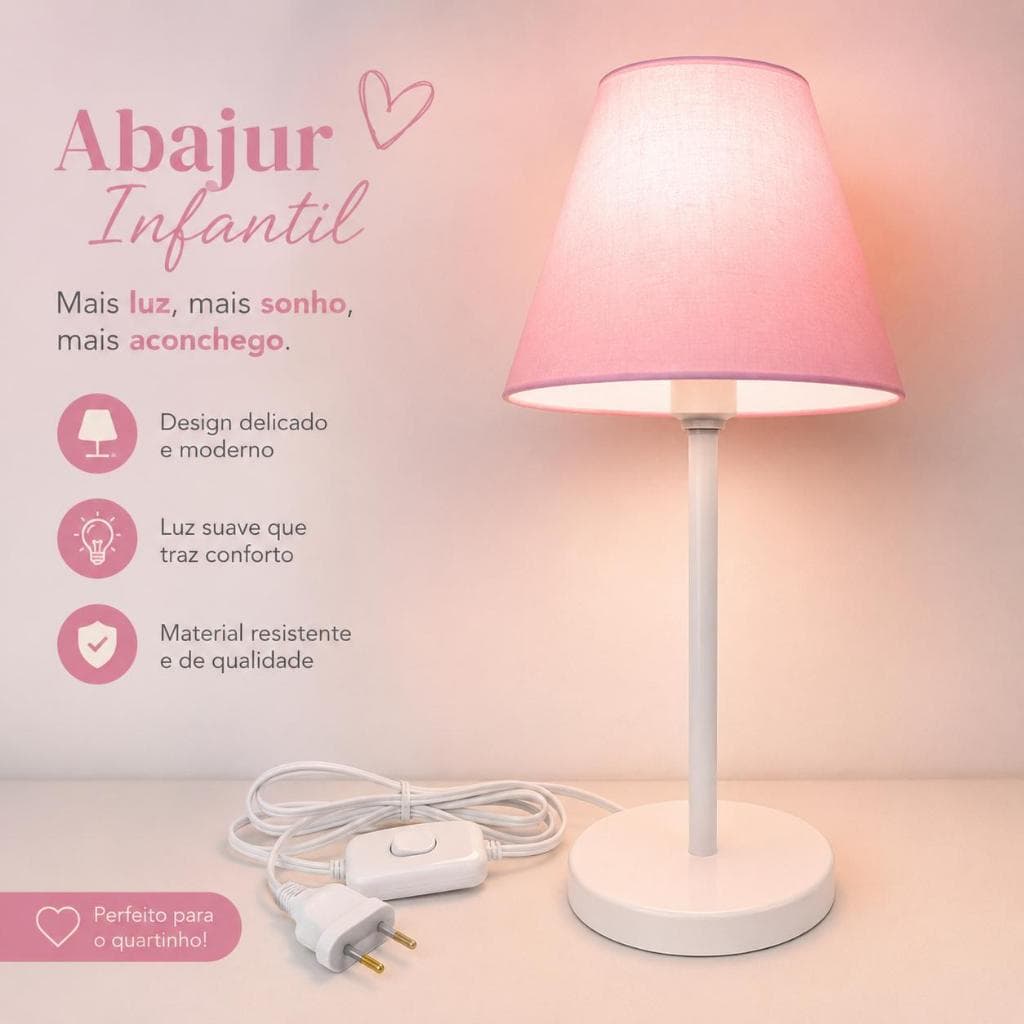 Abajur Infantil Rosa Luz Suave e Aconchegante para Quarto de Menina - Avr