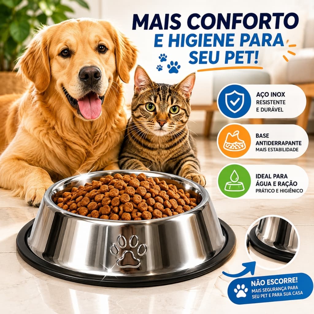Comedouro Antiderrapante Inox Para Cachorro e Gato Pote Pet Água e Ração Fácil Limpeza Vasilha Inox Antiderrapante