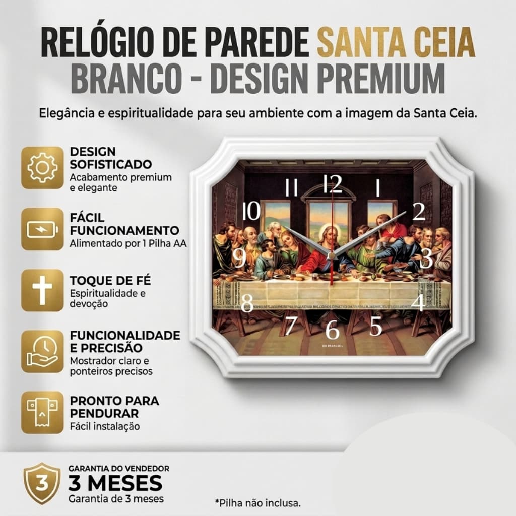 Relógio De Parede Santa Ceia Retangular 23,5 X 27,5 Branco Decoração Religiosa Para Sala Premium