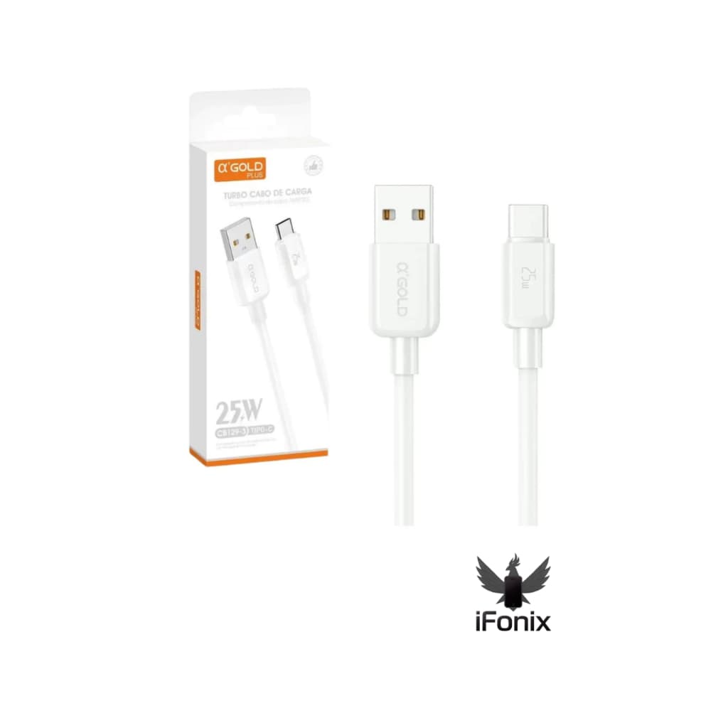 Cabo USB Tipo C 3A/Turbo - Gold Plus Branco 1m - Compatível em Androids e iPhones