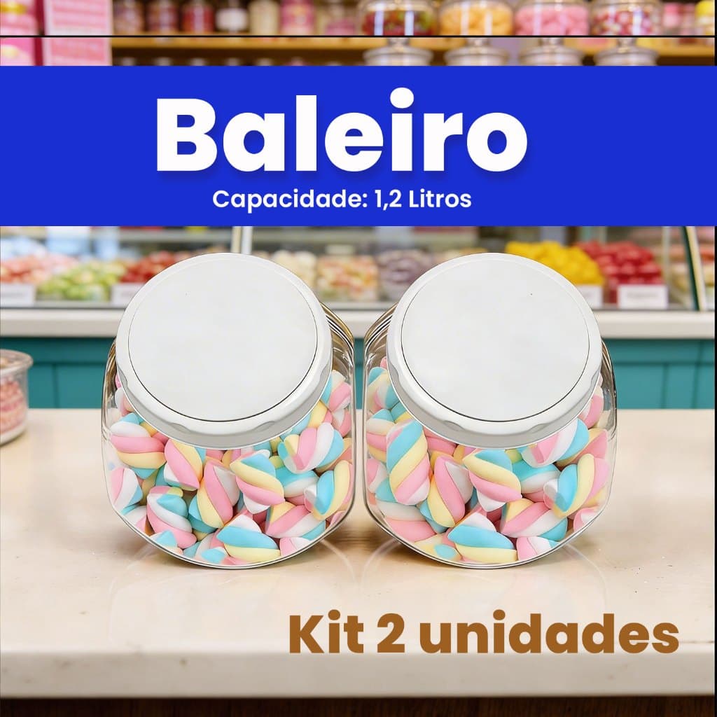 Kit 2 Potes Baleiros Capacidade 1200ml para Doces Balas Tampa Branca Rosca