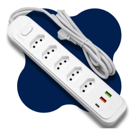Régua de Energia 5 Tomadas + 2 USB + Tipo-C | Cabo 2m | Bivolt com Botão ON/OFF – Carregue Tudo com Segurança!