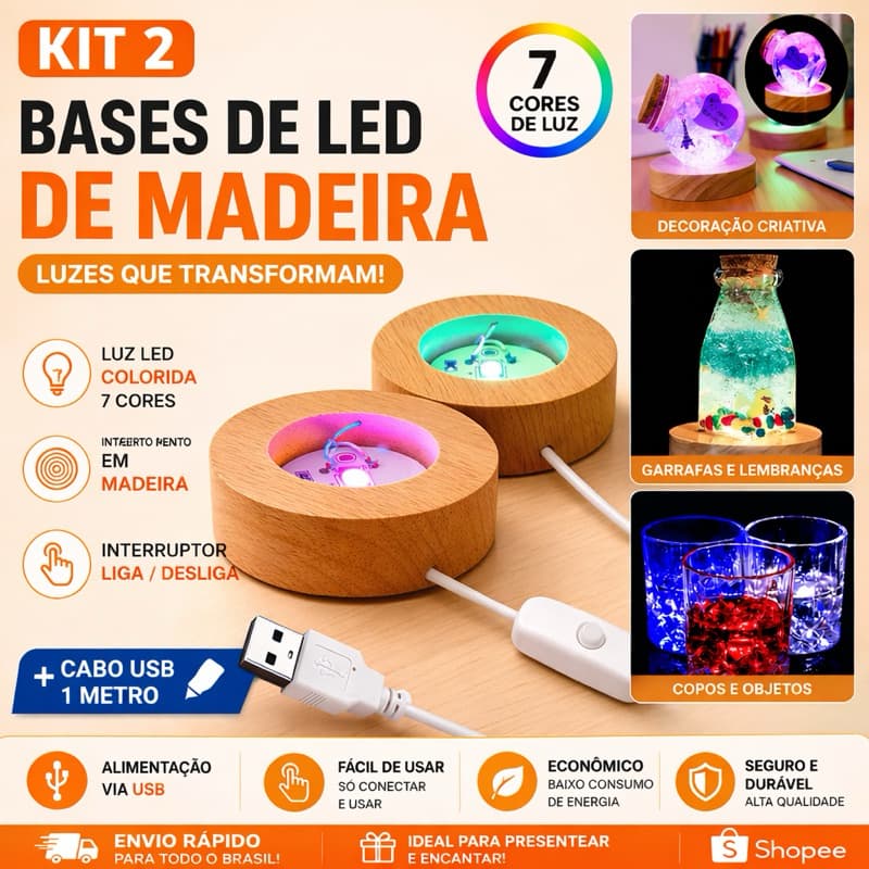 Kit 2 Bases LED RGB USB Redonda Madeira – 7 Cores para Cristal e Decoração