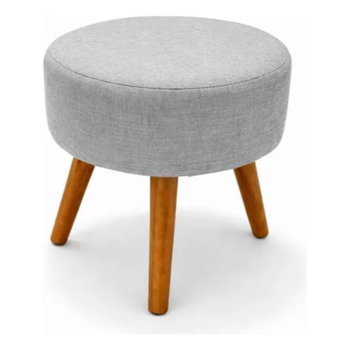 Puff Decorativo Bege Linho 3 Pés de Madeira Banco Estofado Moderno Sala Quarto Apoio para Pés 42cm