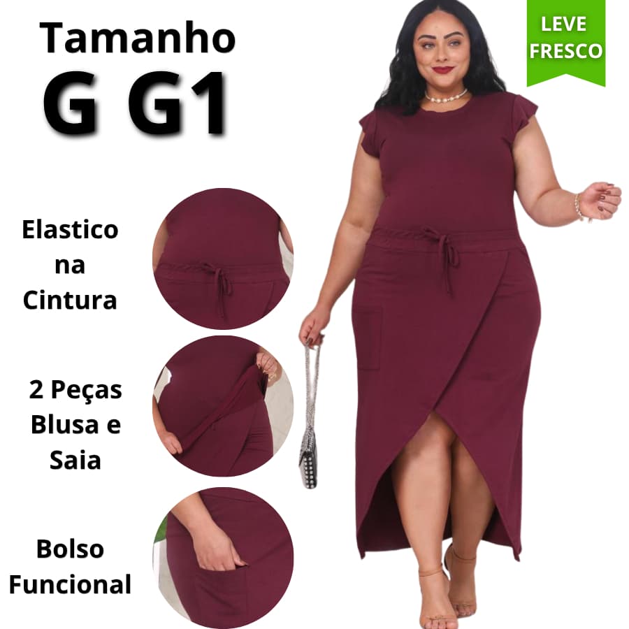 CONJUNTO PLUS SIZE DE 2 PEÇAS BLUSA E SAIA COM BOLSO ELASTICO TAMANHO G E G1 MODA CURVE VERÃO OUTONO