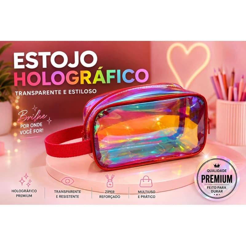 Estojo Holográfico Transparente Feminino Escolar Necessaire Maquiagem 22x13cm com Alça